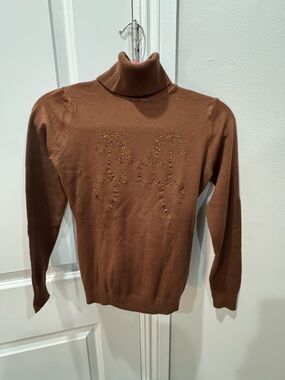 Women's Brown Turtleneck Sweater with Swarovski Crystal Horse detail